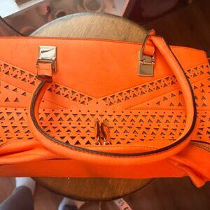 Melie Bianco Handbags Womens Orange Laser Cut Faux Leather Double Handle Zipper